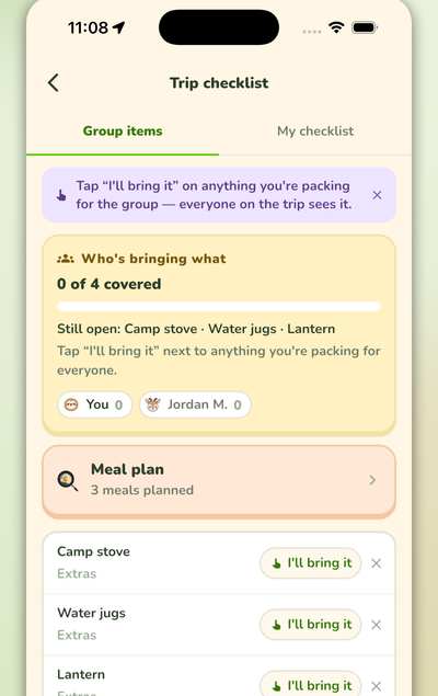 Trip checklist screen where campers tap I'll bring it to split up the group gear