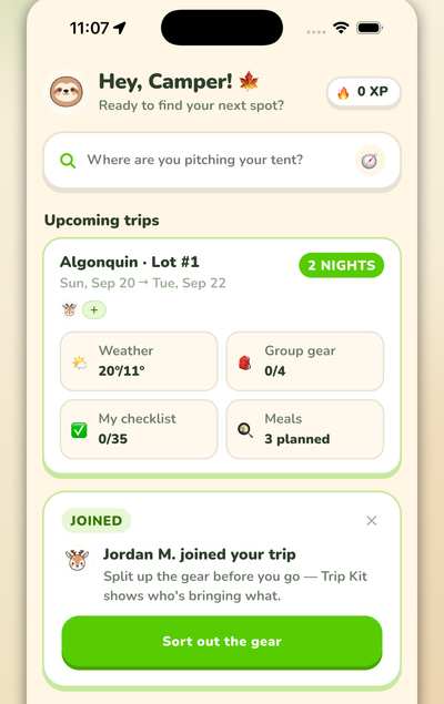 Trip dashboard showing a friend who just joined the trip and a prompt to sort out the gear