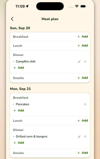 Meal plan screen with breakfast, lunch, dinner, and snacks filled in for each day